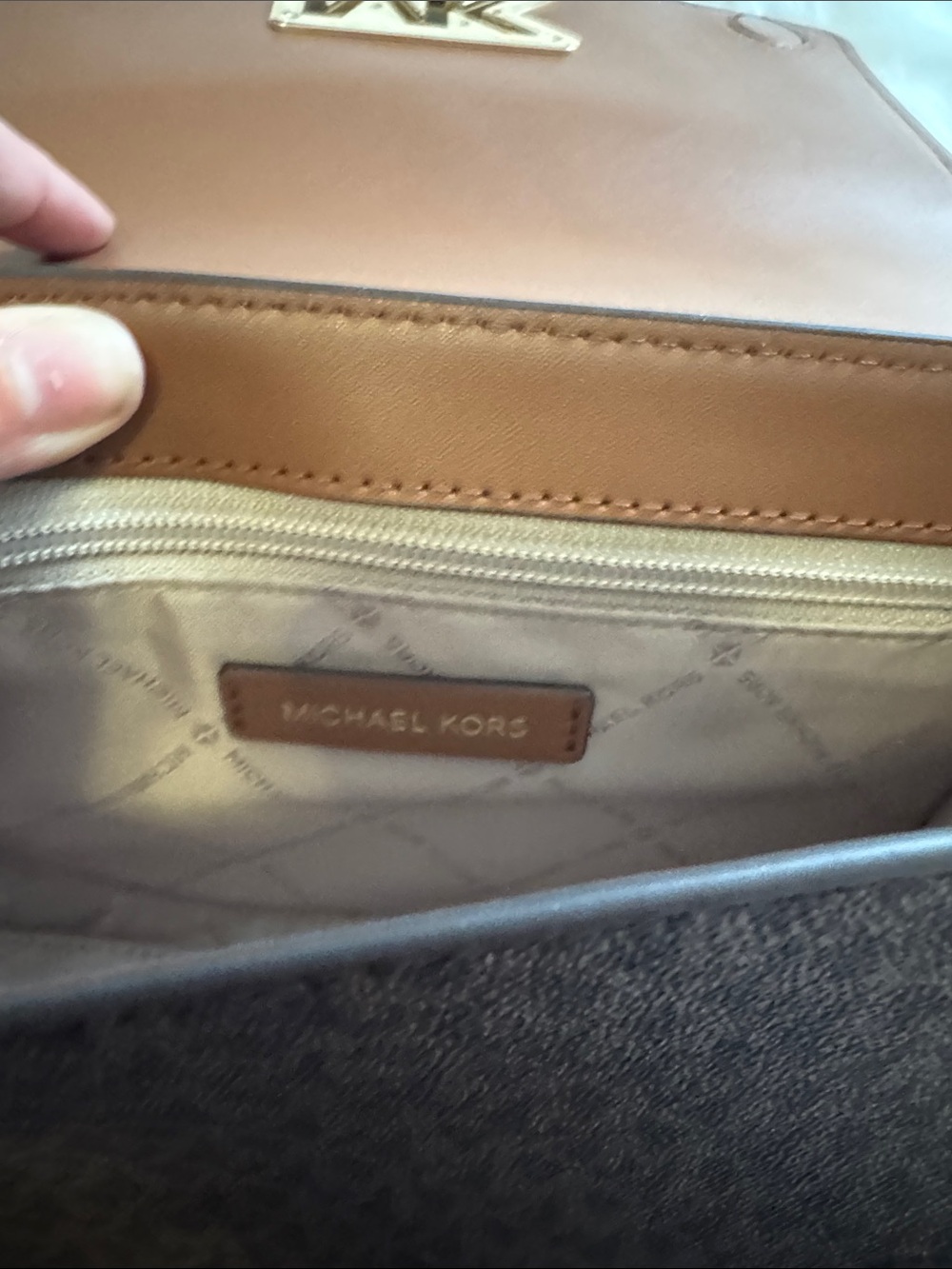 Michael Kors Dark Brown MK Monogram Messenger Bag with Gold Logo - Picture 6 of 10